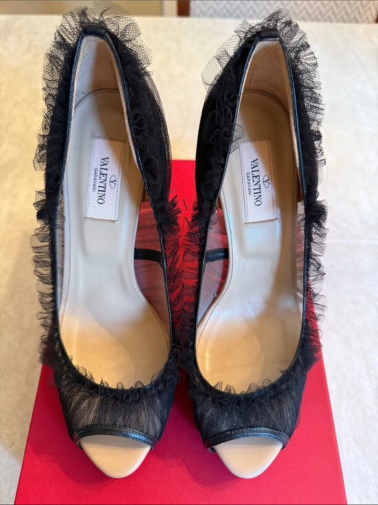 Valentino Shoes - Valentino Black Lace Peep-Toe Pumps with Ruffle Trim